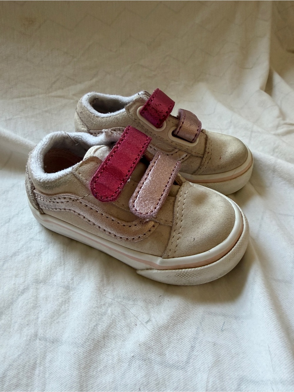 Vans Kids Tan Sneakers with Pink and Rose-Pink Velcro Straps